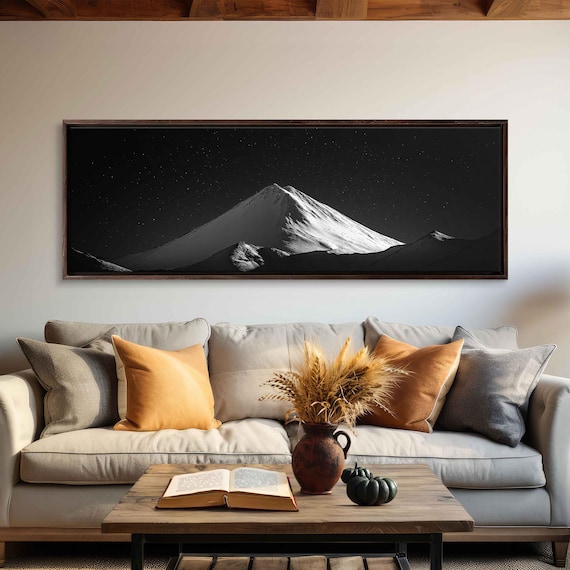 Snowy Mountain Peak Under Starry Night Sky Black And White Poster