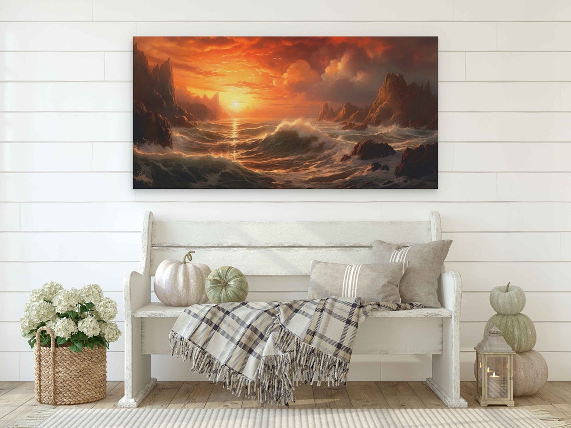 Crashing Ocean Waves at Sunset Rocky Cliffs Seascape Painting Poster - Image 2