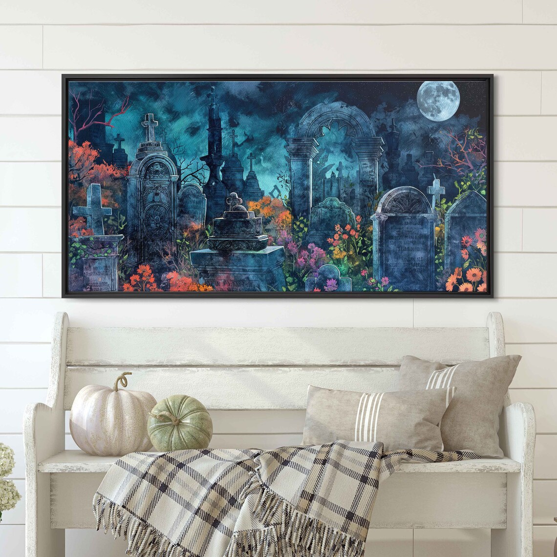 Moonlit Enchanted Graveyard Watercolor Tombstones Night Halloween Print - Image 3