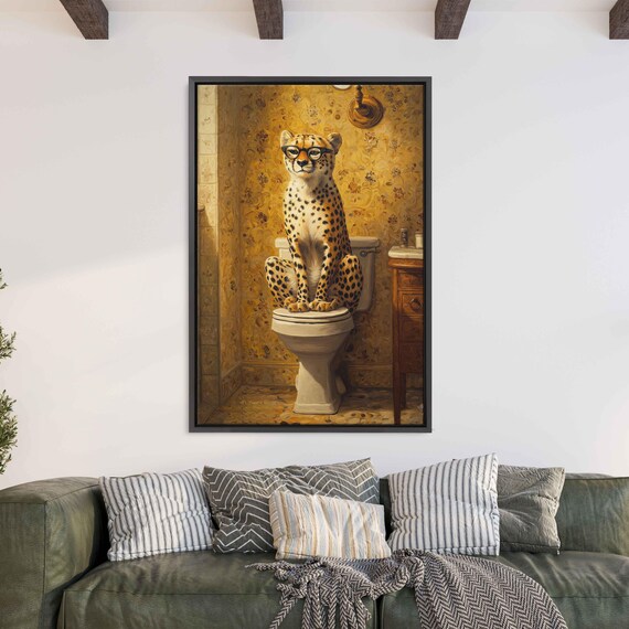 Cheetah Wearing Glasses Sitting On Toilet Quirky Bathroom Poster