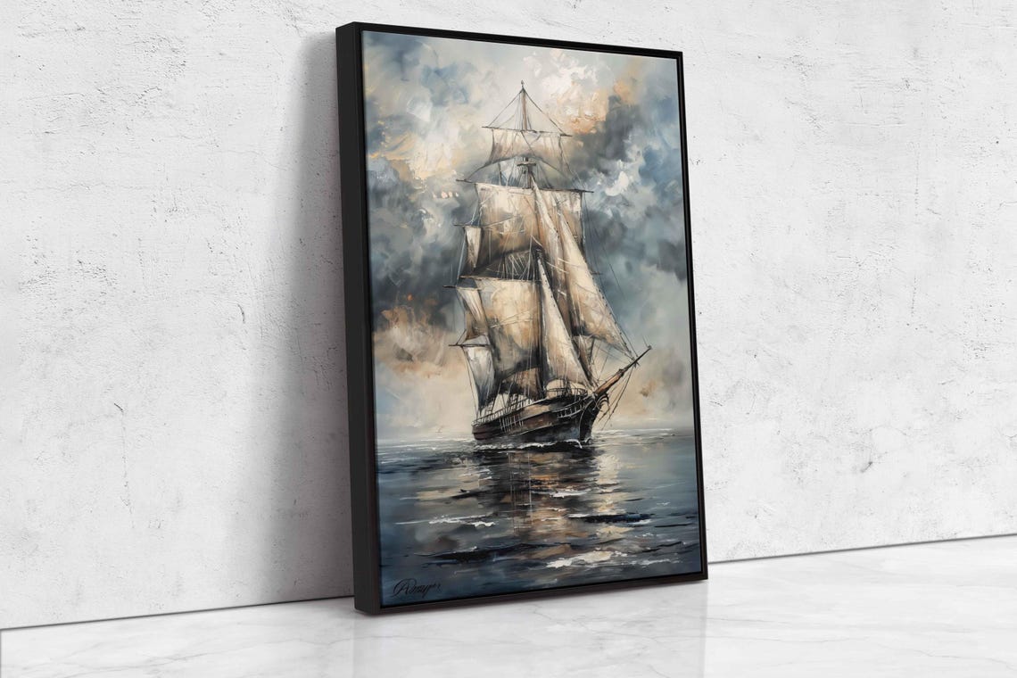 Vintage Tall Ship With Full Sails On Stormy Dark Ocean Seascape Poster - Image 4