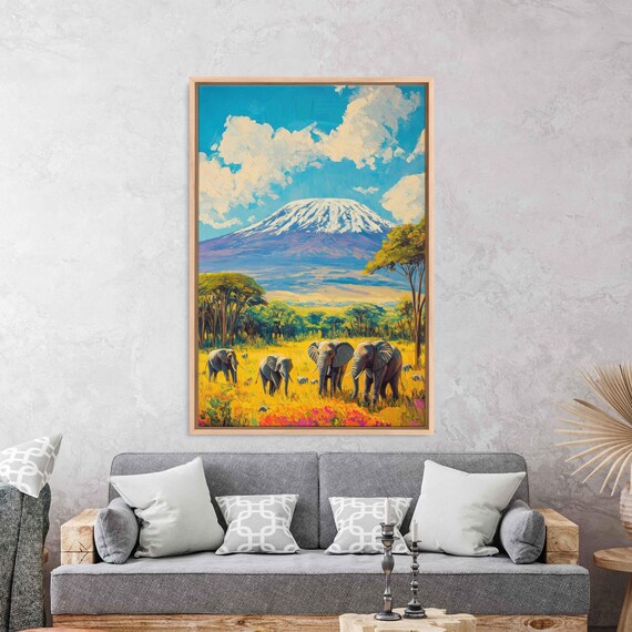 Kilimanjaro Snowcapped Peak with Elephant Herd in Savanna Acrylic Painting Poster