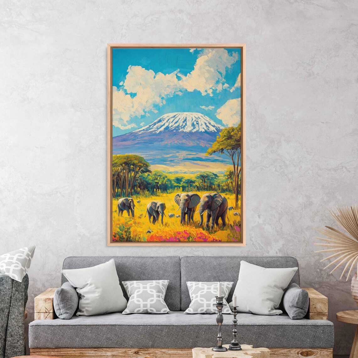 Kilimanjaro Snowcapped Peak with Elephant Herd in Savanna Acrylic Painting Poster