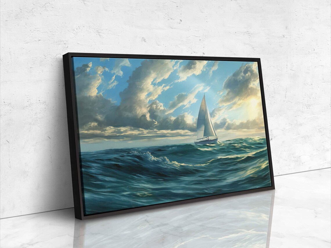 Sailboat Riding Crashing Turquoise Waves Golden Sky Oil Poster - Image 4