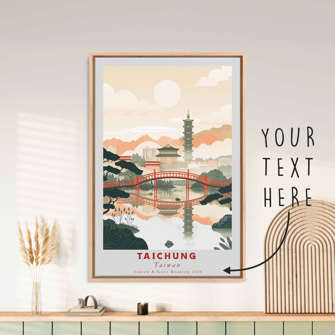 Taichung Taiwan Red Bridge Pagoda Lake Sunset Art Travel Poster - Image 3