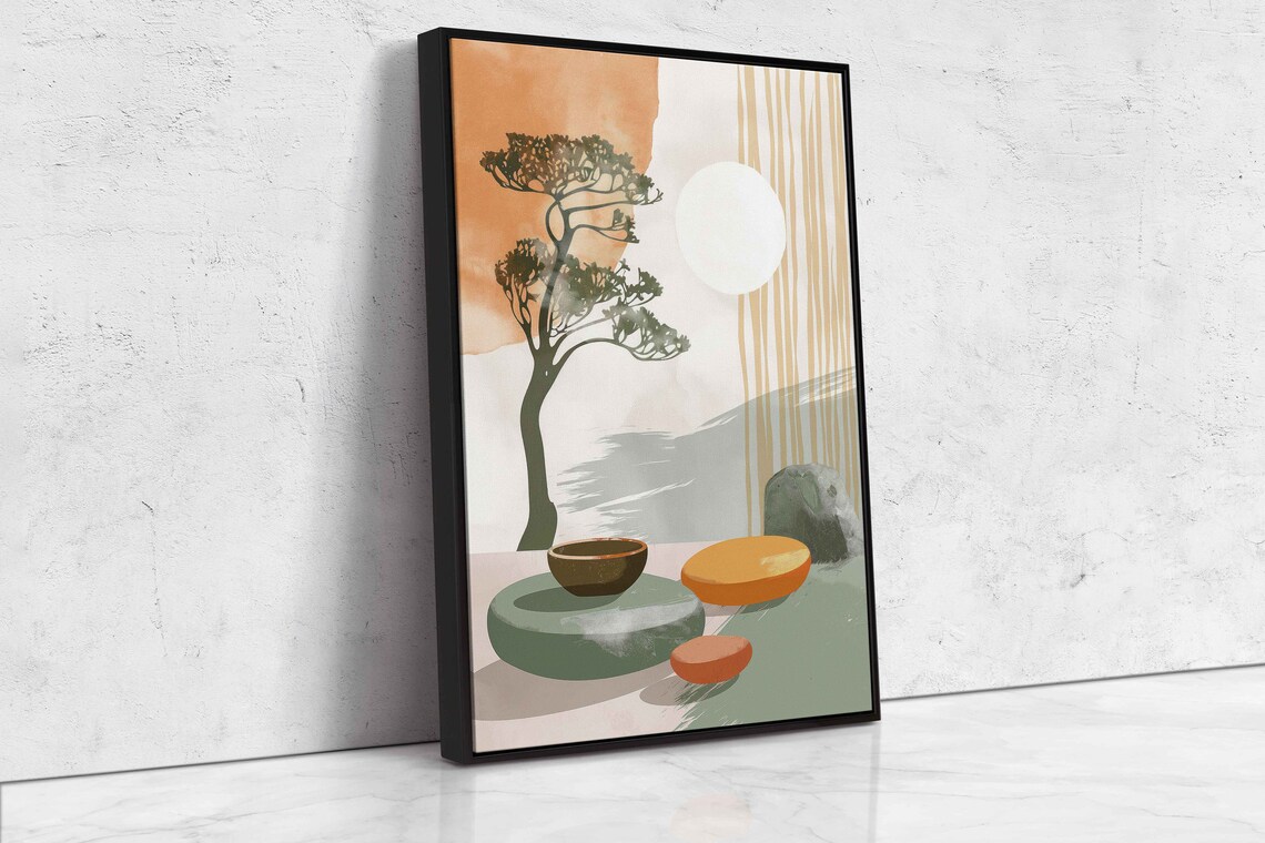 Zen Garden Bonsai Style Tree Full Moon Stacked Stones Earthy Calm Wall Art - Image 4