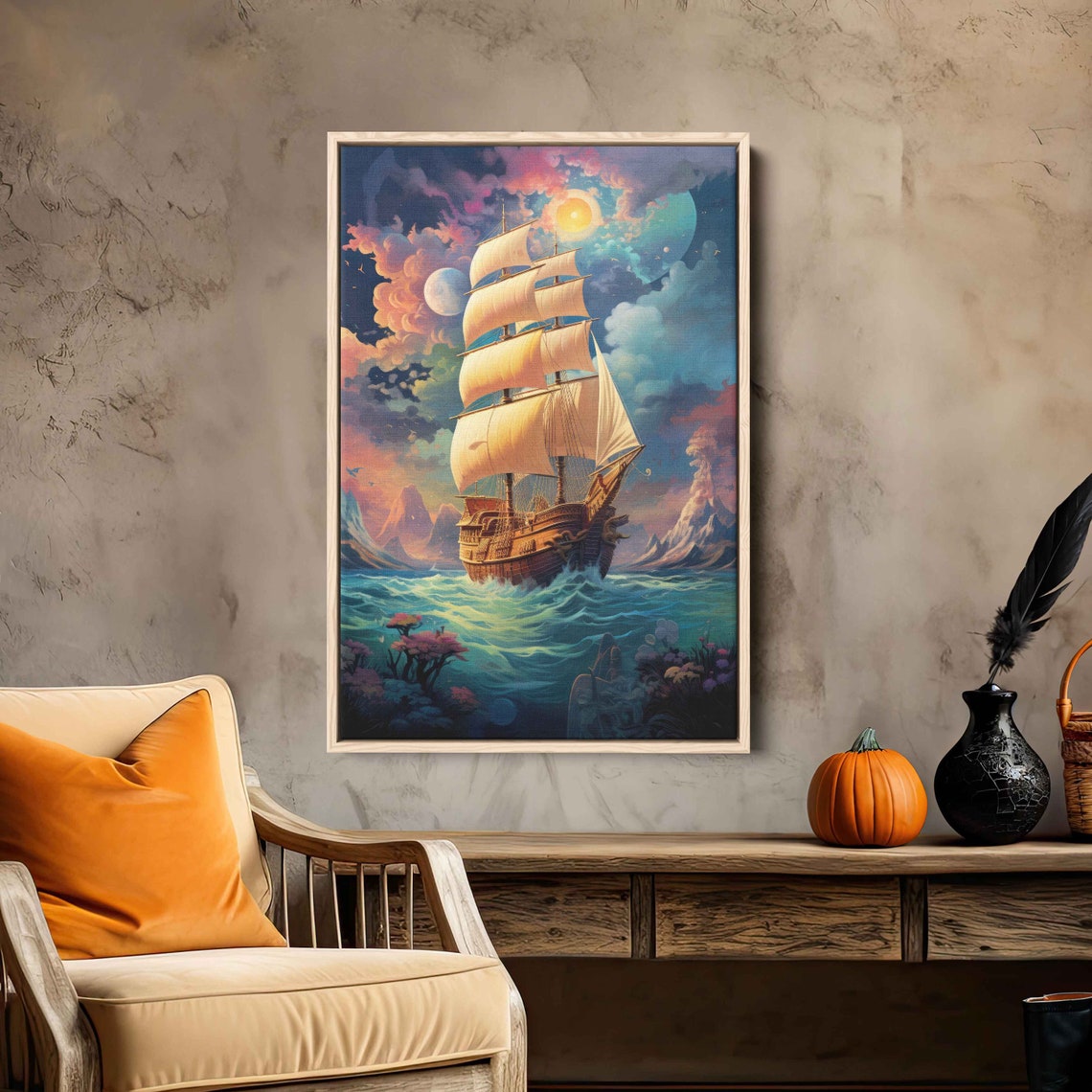 Tall Sailing Ship Sunset Voyage Colorful Ocean Waves Fantasy Art Print - Image 2