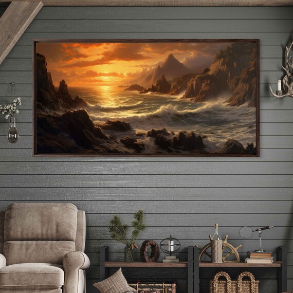 Rocky Coast Sunset Crashing Waves Golden Cliffs Seascape Travel Poster