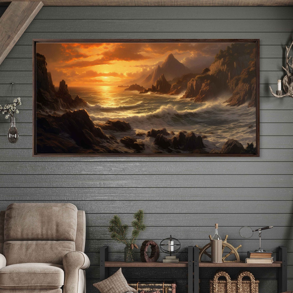 Rocky Coast Sunset Crashing Waves Golden Cliffs Seascape Travel Poster