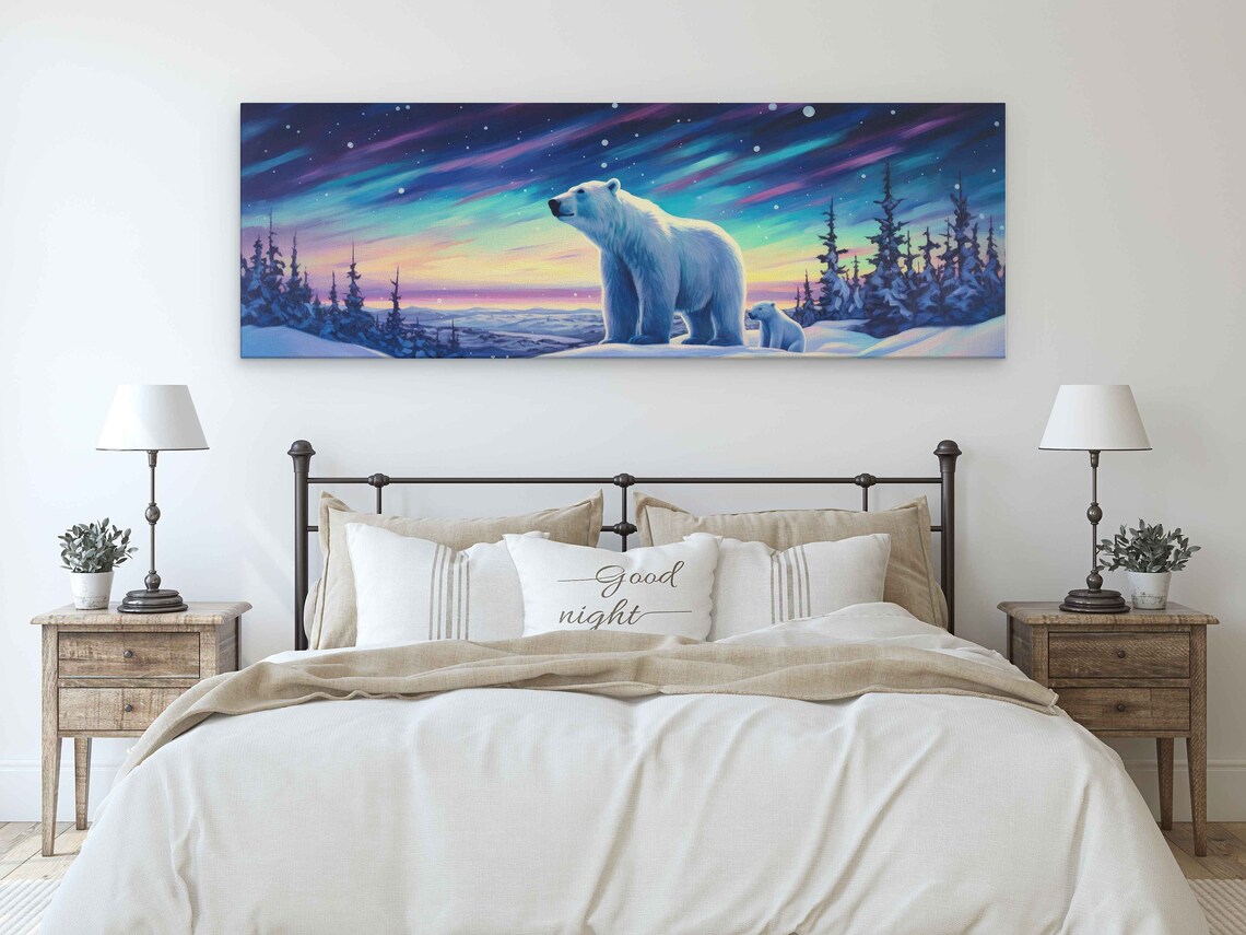 Mama Polar Bear and Cub Aurora Night Sky Snowy Forest Panoramic Art Poster - Image 3