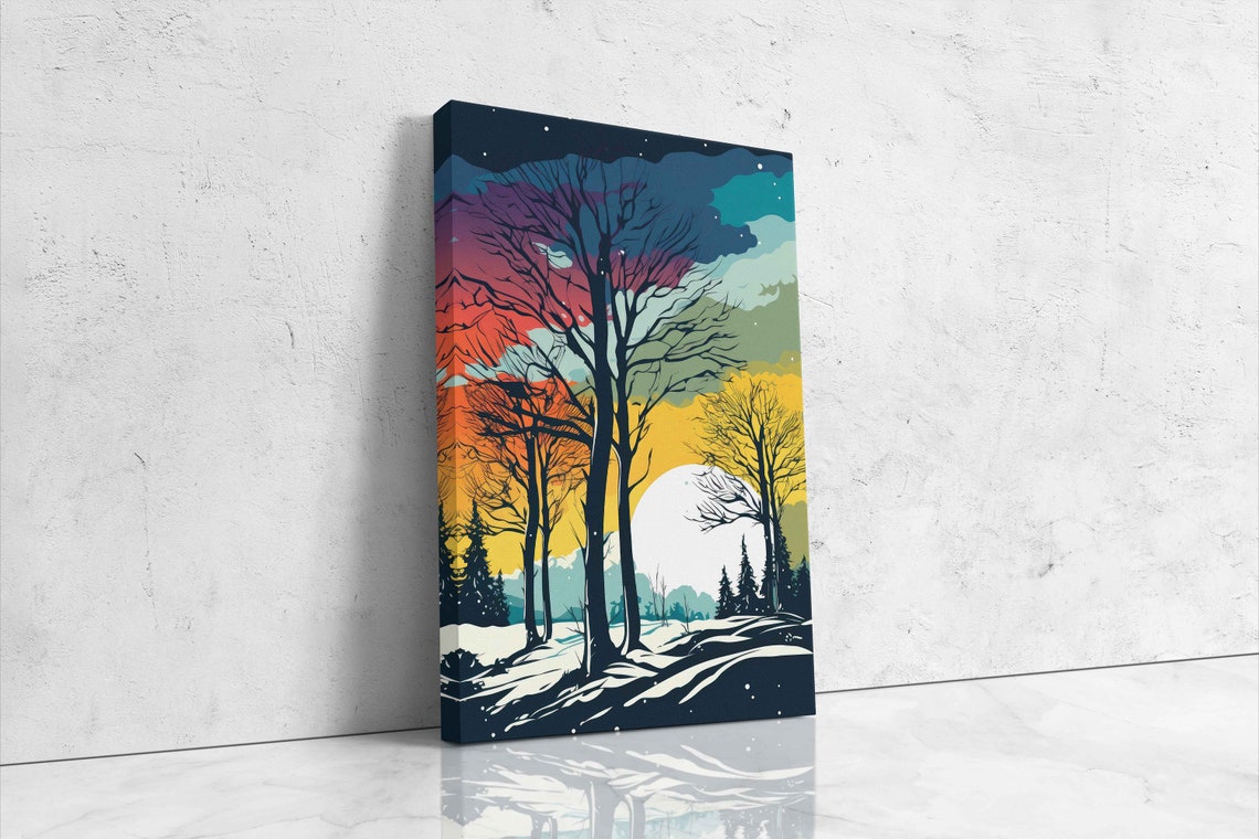 Colorful Winter Night Glow Bare Trees Snowy Field Art Poster - Image 4