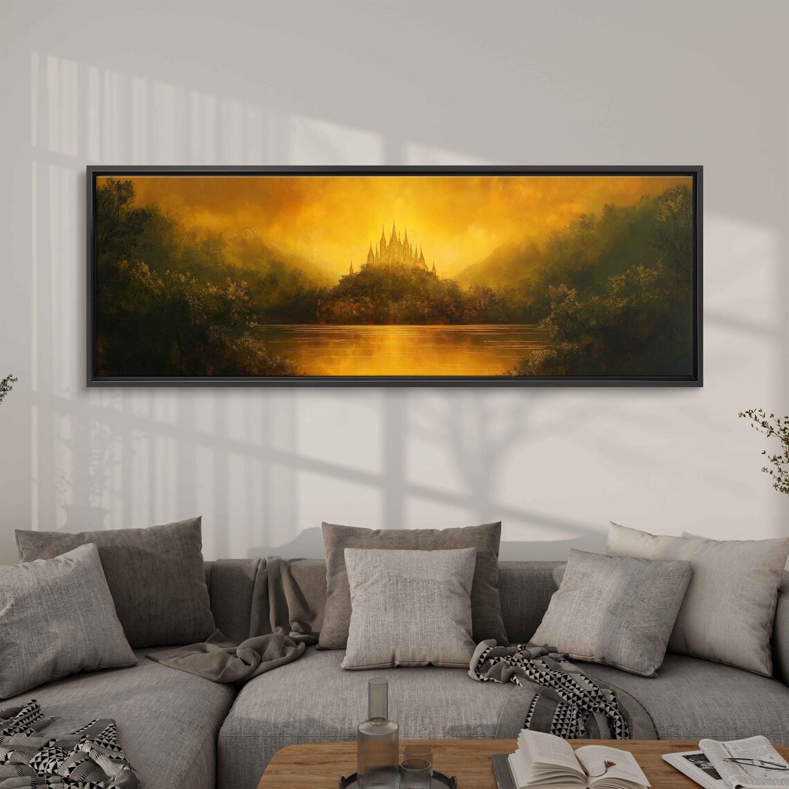 Fantasy Castle Atop A Hill, Magic Landscape With Lake