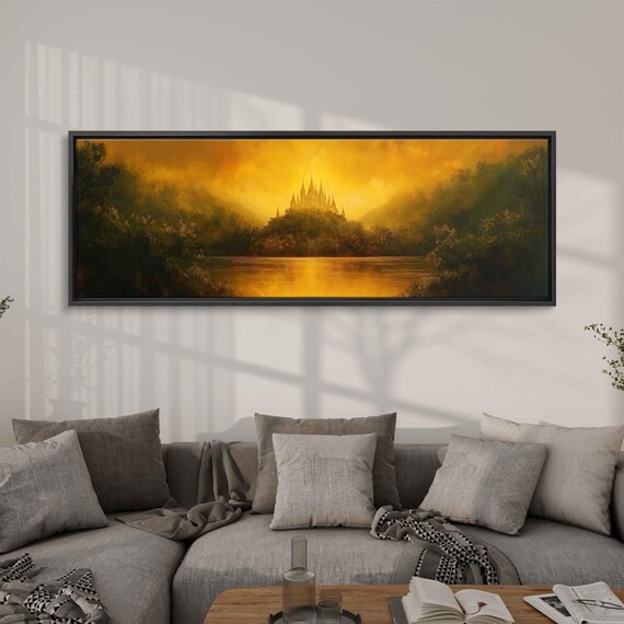 Fantasy Castle Atop A Hill, Magic Landscape With Lake