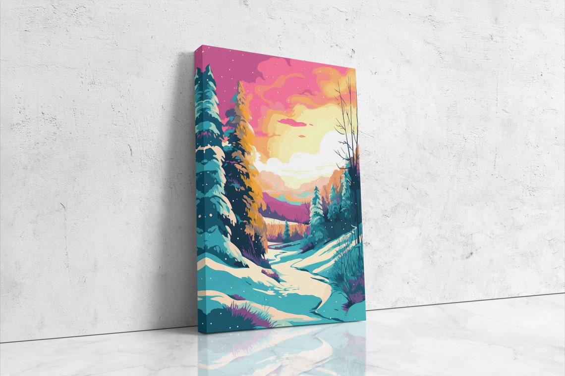Vibrant Winter Sunset Snowy Pine Valley Pop Art Landscape Poster - Image 4