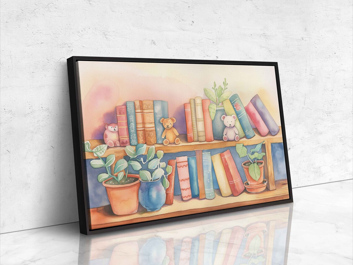 Watercolor Bookshelf With Teddy Bears and Plants Pastel Nursery Wall Poster - Image 4