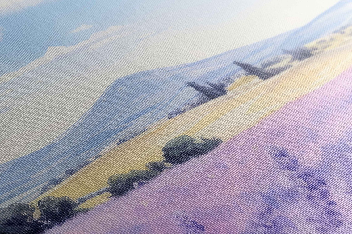 Lavender Field Triptych Watercolor Purple Blooms Blue Sky Wall Art - Image 2