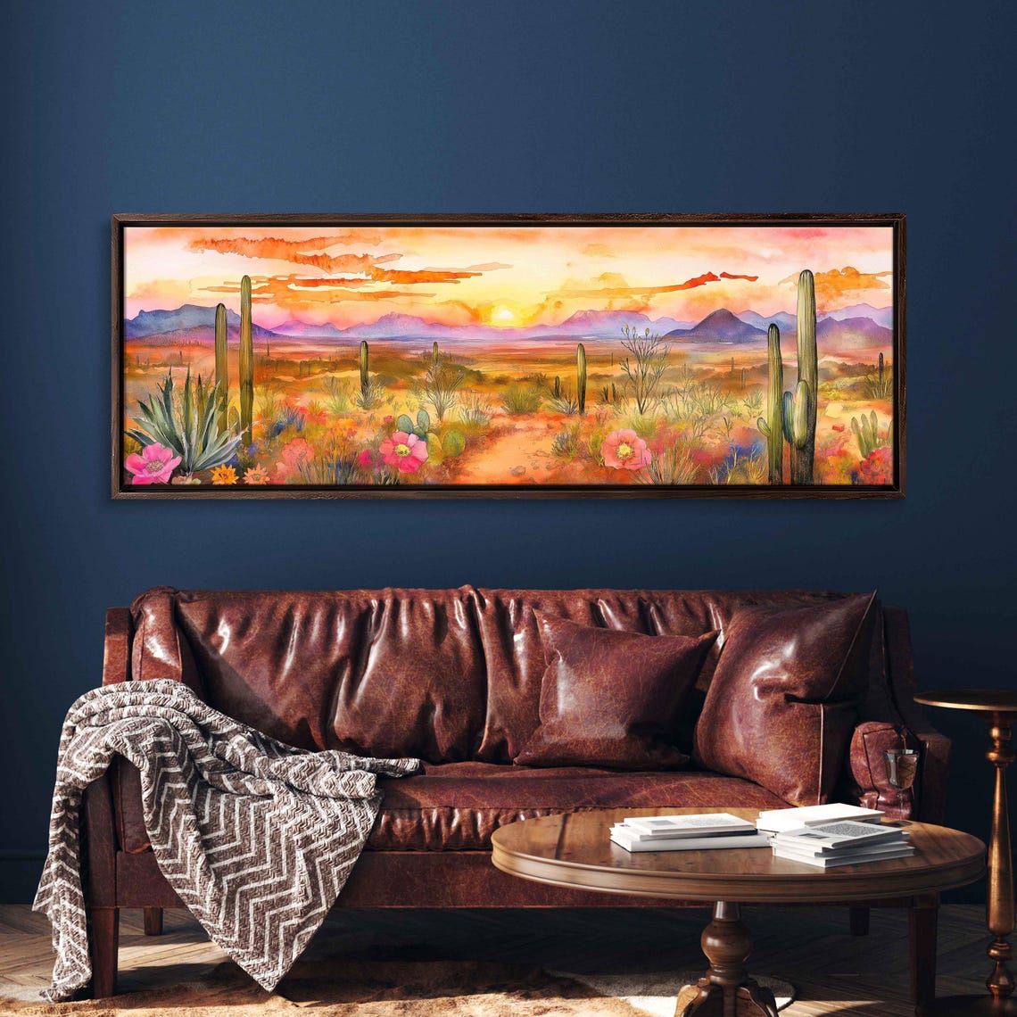 Sonoran Desert Sunset Saguaro Cacti Wildflowers Watercolor Art Poster
