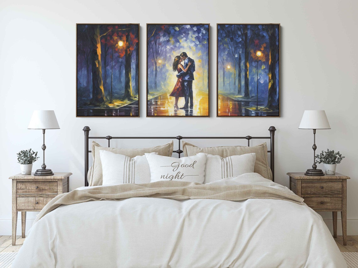 Romantic Couple Night Park Lamp Triptych Palette Knife Wall Art - Image 2