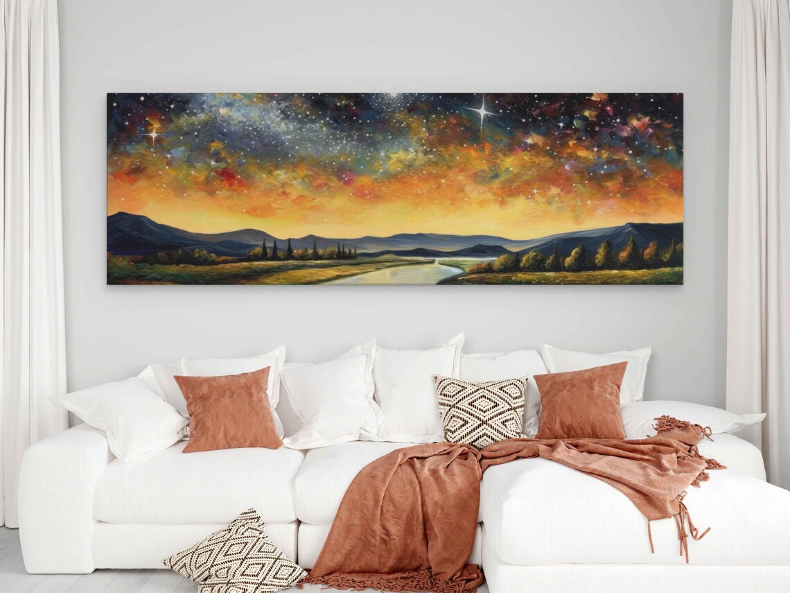 Starry Night River Valley Panoramic Golden Galaxy Sky Mountains Art Poster - Image 2