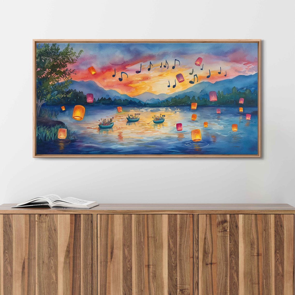Tranquil Lake Music Festival Wall Art Print Colorful Lanterns Whimsical Sunset - Image 3