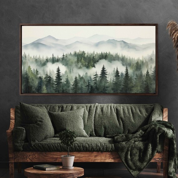 Foggy Forest Tree Line Watercolor Wall Art Print Mountain Range Ready To Hang