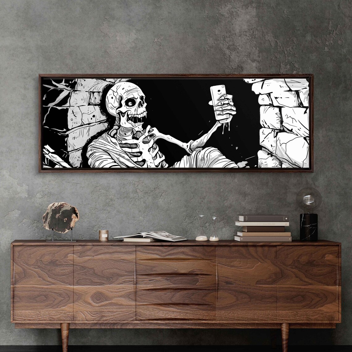 Gothic Skeleton Taking Selfie in Stone Crypt Funny Ink Halloween Poster - Image 3
