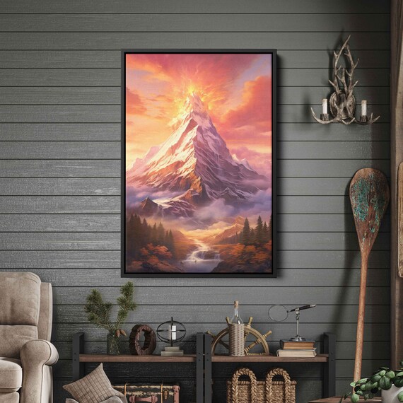 Pink Sunrise Mountain Wall Art Print Snowy Mountain Peak Cloudy Skies Forest Waterfall Ready To Hang