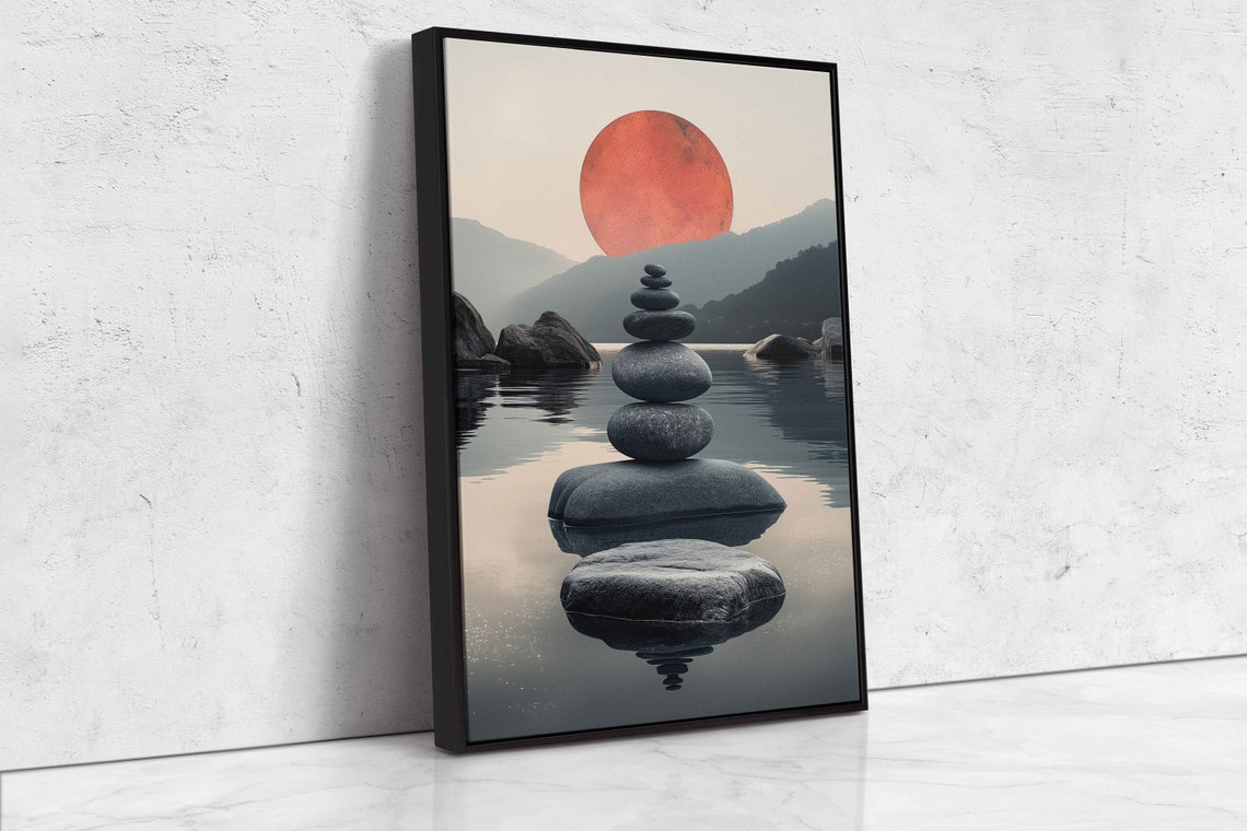 Zen Stacking Stones Red Sun Calm Lake Reflective Meditation Art Poster - Image 4