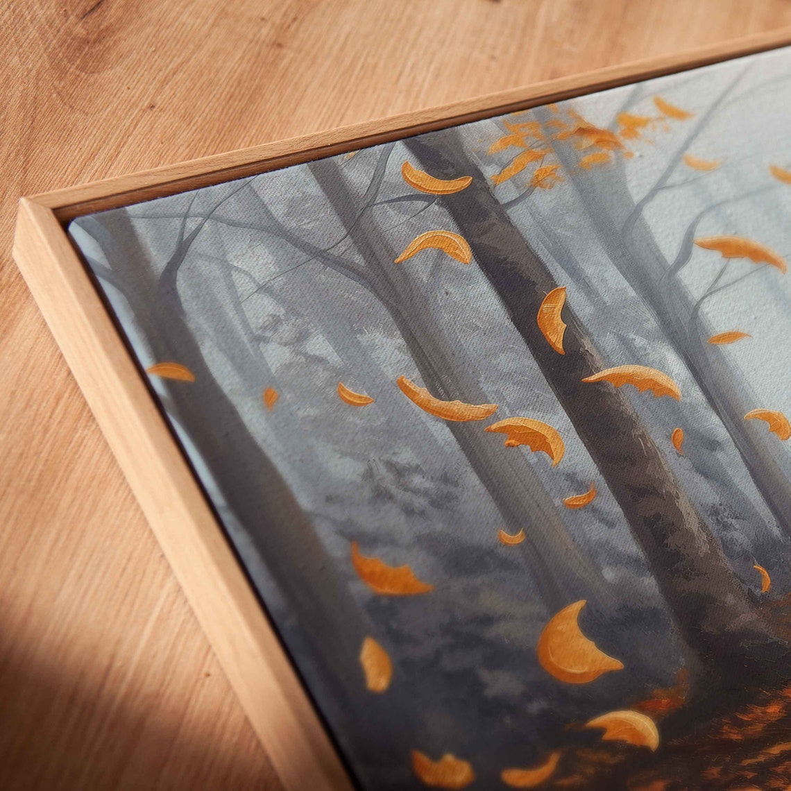 Misty Forest With Falling Golden Leaves Sunlit Clearing Acrylic Poster - Image 2