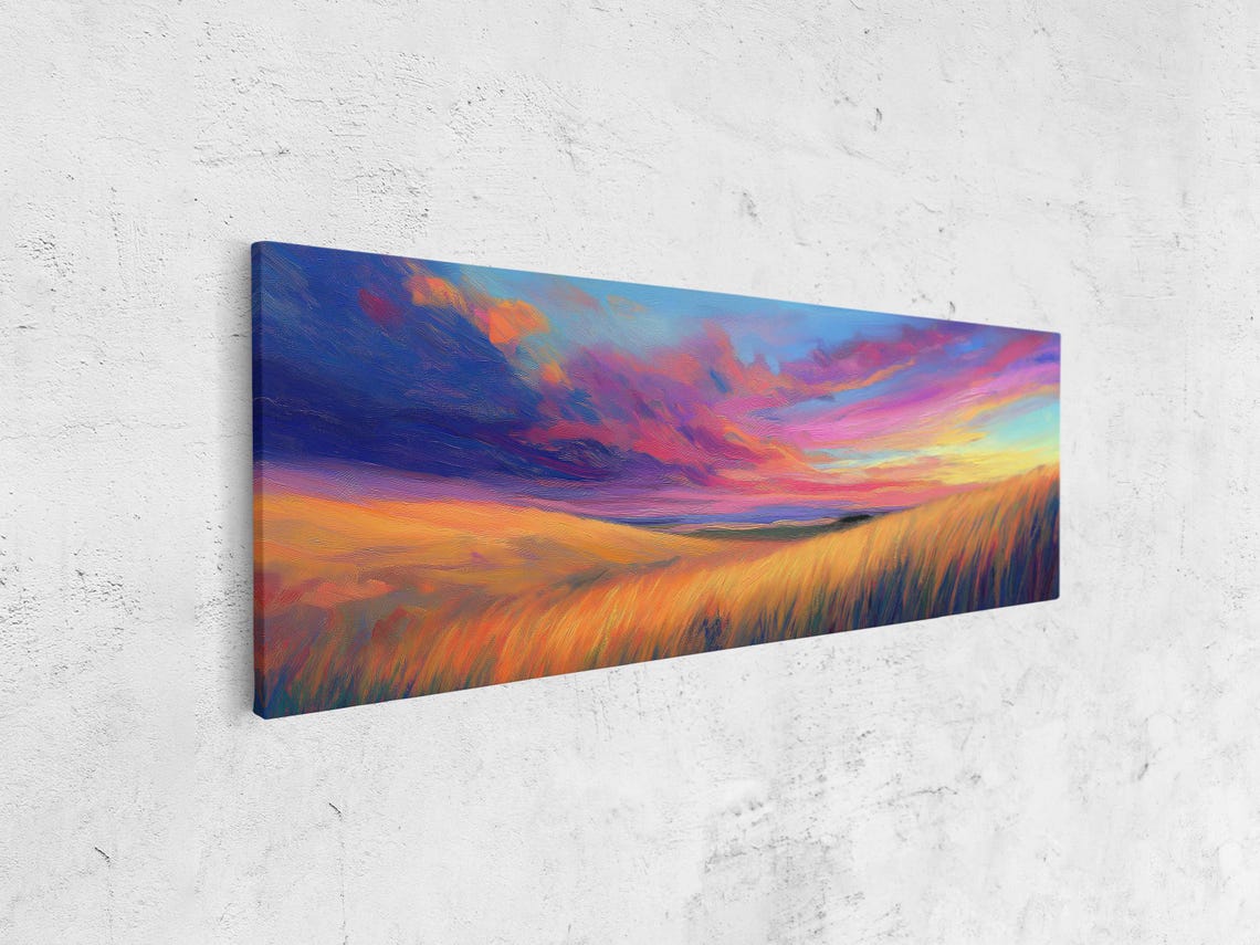 Wide Golden Wheat Field Sunset Panoramic Landscape Painting Poster - Image 4