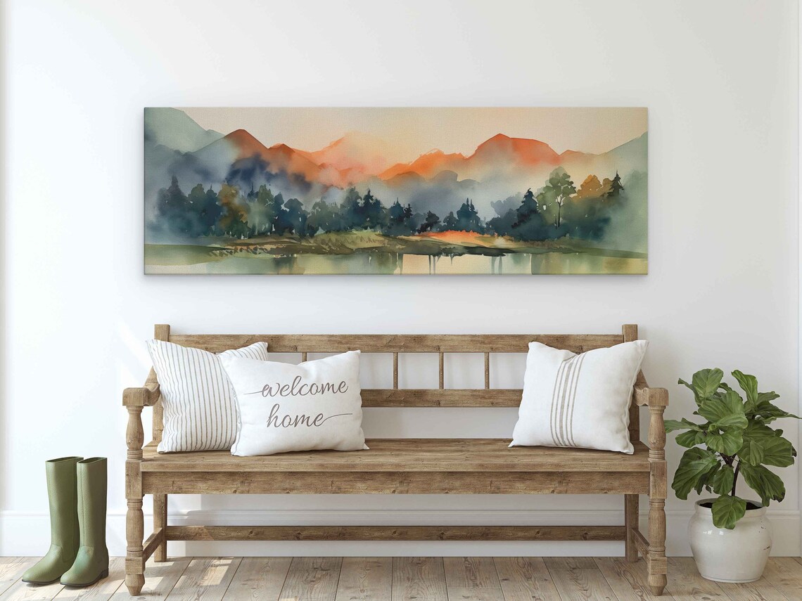 Watercolor Landscape, Forest Mountains and Lake Art Print - Image 3