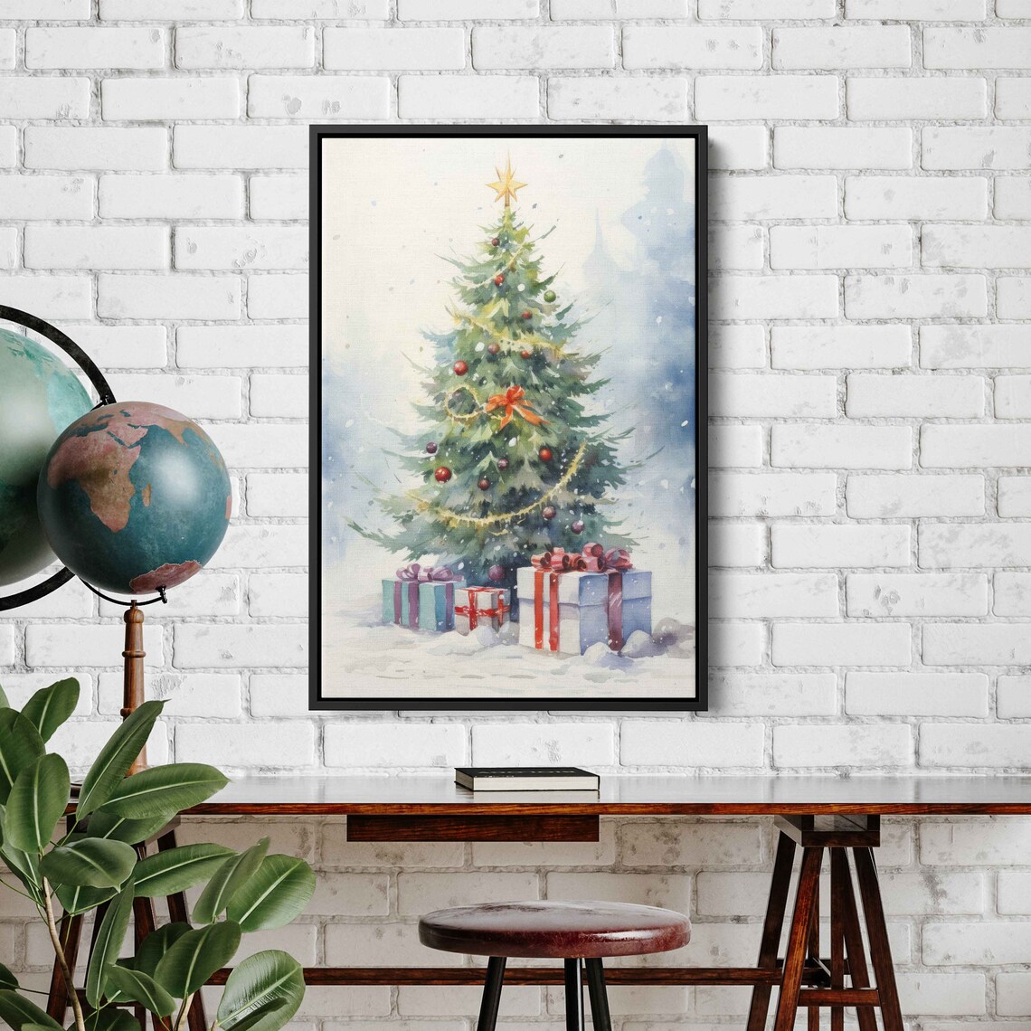 Charming Watercolor Christmas Tree Red Baubles Gifts Snow Poster - Image 4