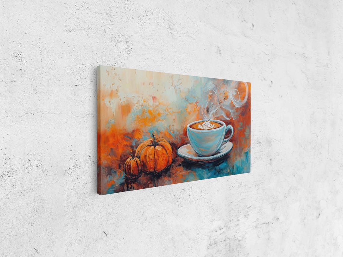 Steaming Turquoise Latte With Pumpkins Autumn Painting Art Print - Image 4