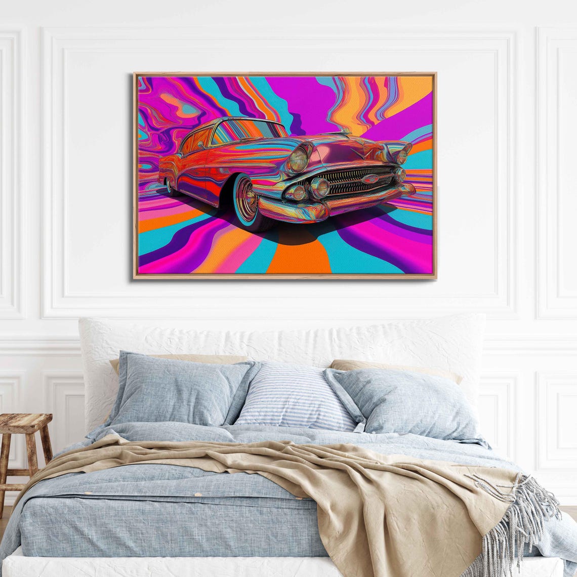 Psychedelic Pop Art 1950s Classic Car With Rainbow Swirl Art Poster
