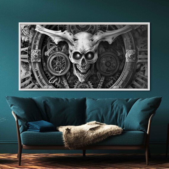 Ornate Skull With Horns Inside Clockwork Gears Monochrome Steampunk Art Print