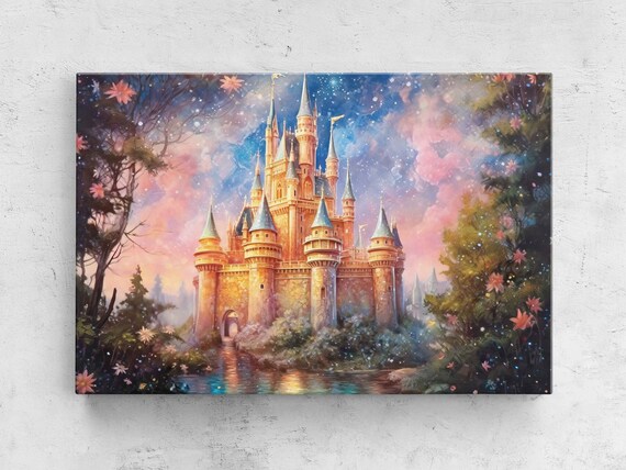Fairy Tale Castle Moat Flowers Starry Pink Sunset Watercolor Poster