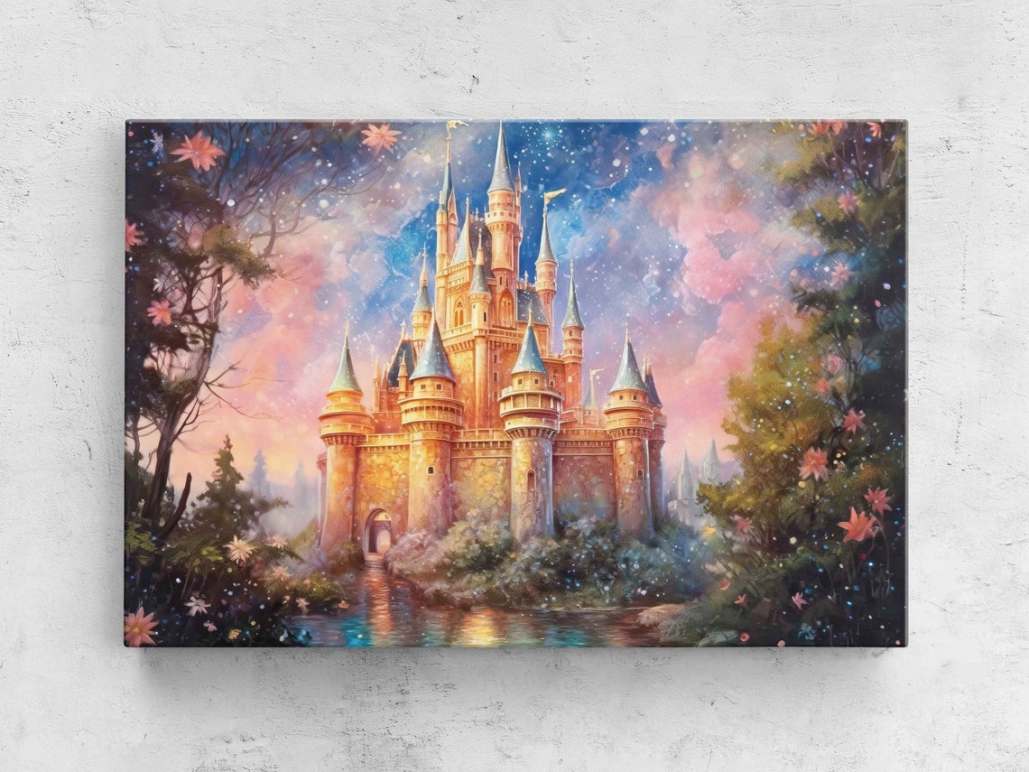 Fairy Tale Castle Moat Flowers Starry Pink Sunset Watercolor Poster