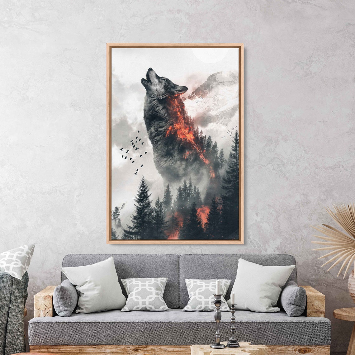 Howling Wolf Double Exposure Forest Fire Ember Mountain Poster - Image 2