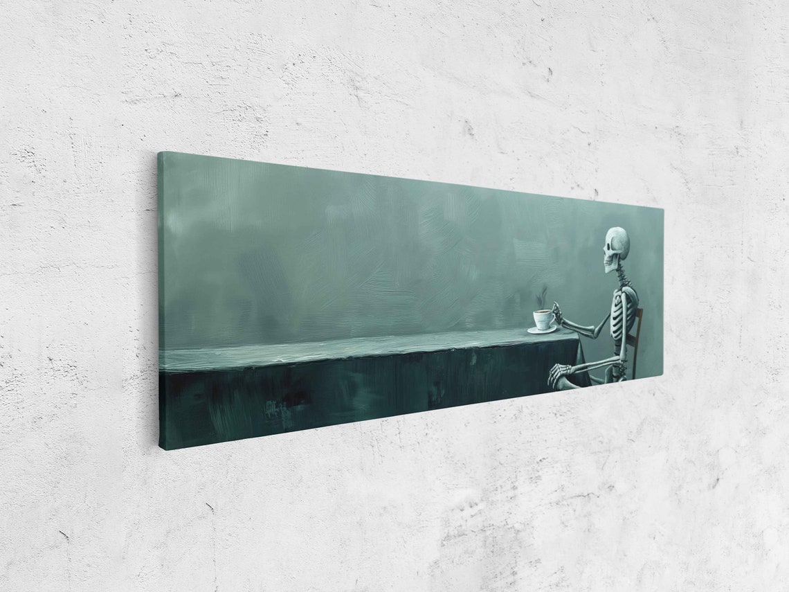 Skeleton Having A Cup Of Tea Minimalist Dark Green Panoramic Print - Image 4