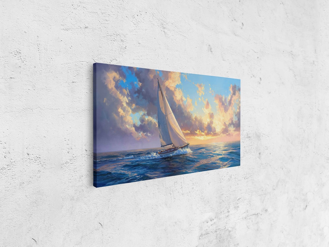 Sailboat At Sunset Golden Orange Sky Reflective Ocean Painting Poster - Image 4