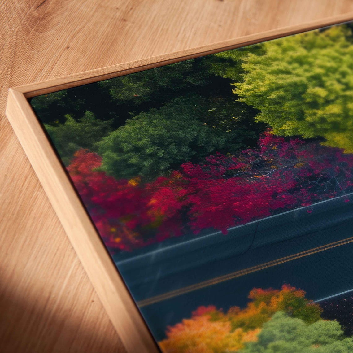 Aerial View Road Through Autumn Forest Canopy Fall Colors Poster - Image 2