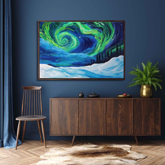 Emerald Green Aurora Swirl Over Snowy Pine Hillside Winter Night Sky Poster
