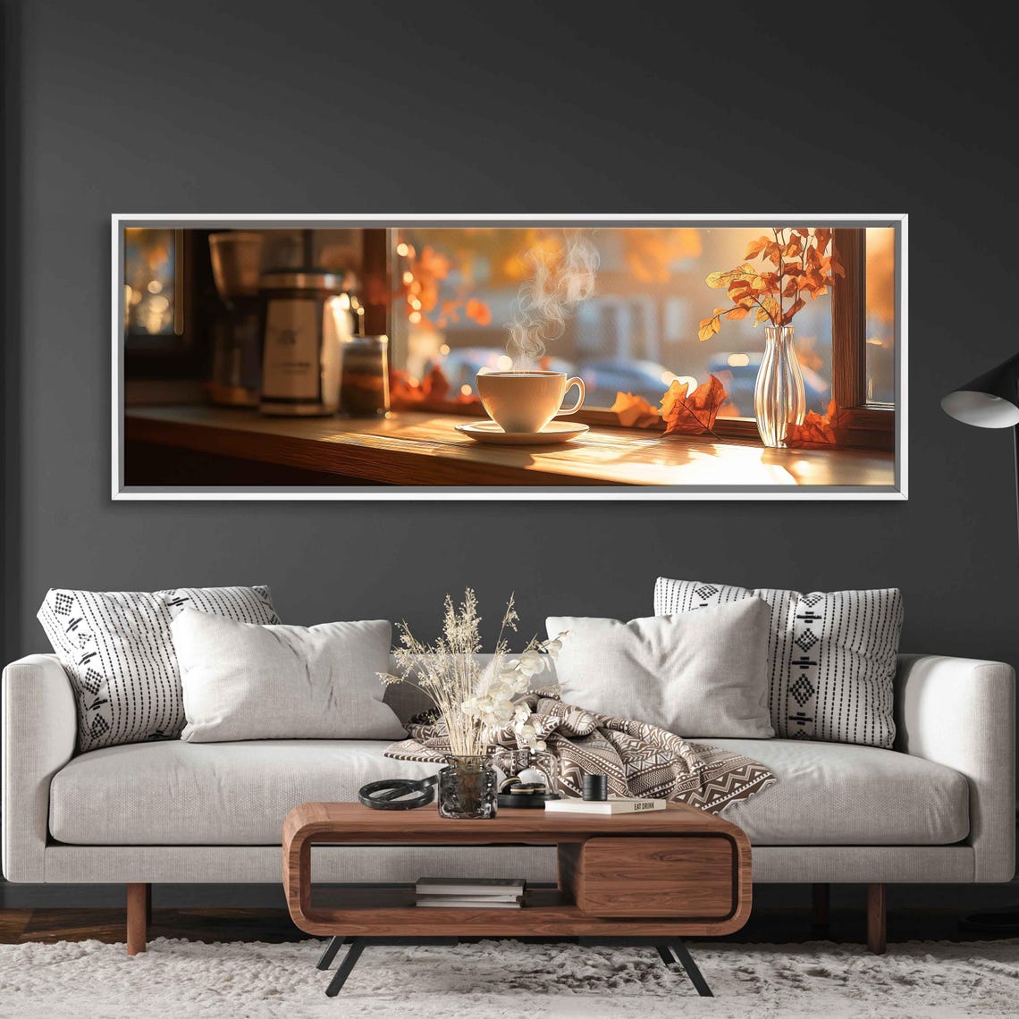 Steaming Cup On Sunny Windowsill With Autumn Leaves Photo Print