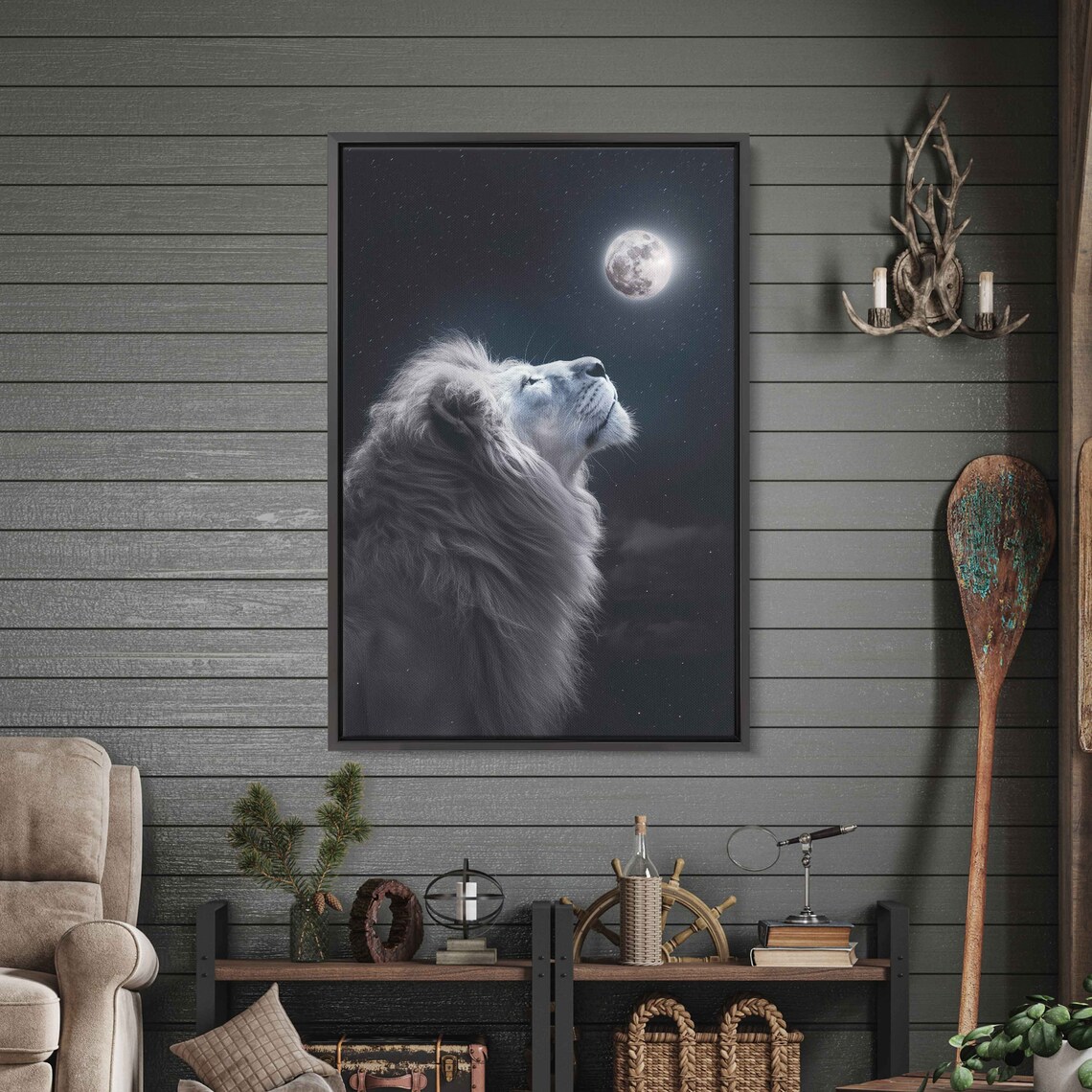 White Lion Gazing at Full Moon Starry Night Majestic Animal Wall Art Poster - Image 2