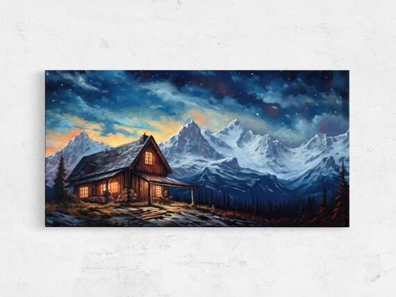 Warm Cabin Windows at Twilight Snowy Mountain Peaks Night Poster