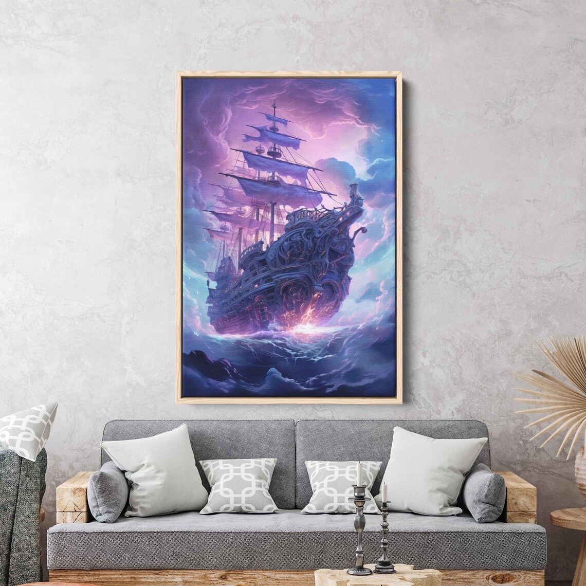 Fantasy Pirate Galleon Purple Neon Moonlit Clouds Ghost Ship Wall Art Poster - Image 2