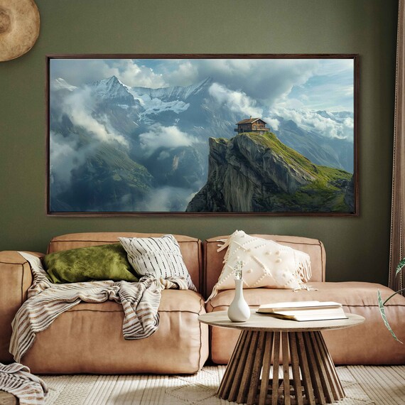 Mountain Hut Viewing Snow Mountain Range Wall Art Print Ready To Hang