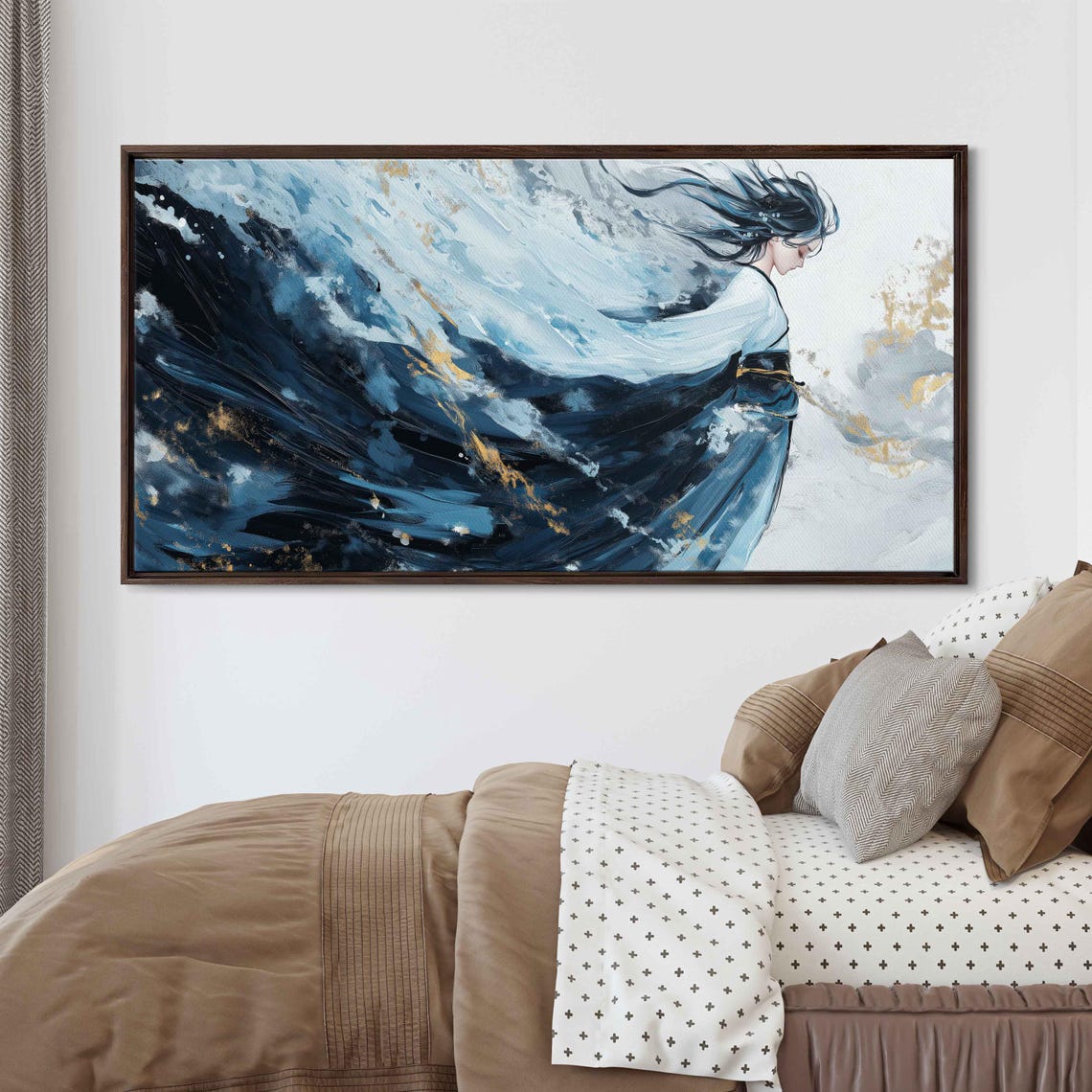 Elegant Japanese Woman Windblown Blue Black Gold Abstract Poster