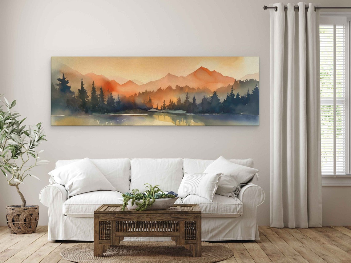 Sunset Mountain Lake Pine Forest Watercolor Panoramic Travel Poster - Image 4