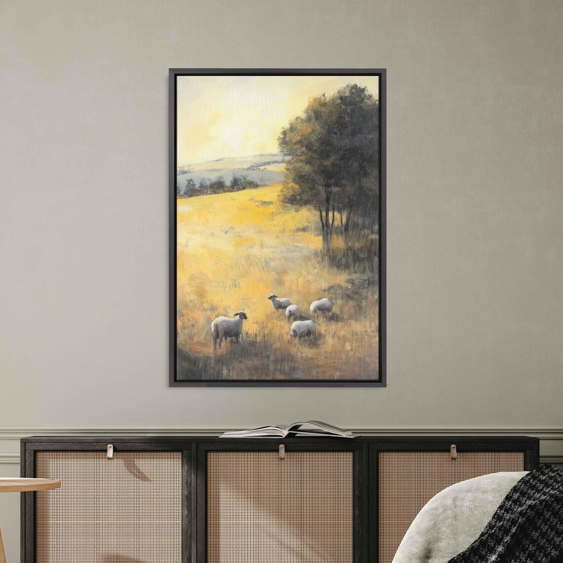 Dreamy Rural Scene, Golden Fields And Grazing Sheep - Image 3